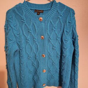 Ann Taylor Teal Cable and Bobble Round Neck Cardigan Size Medium